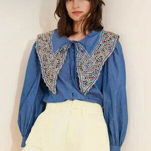 CELIA B begoña Statement top oversize embroidered collar button down blouse blue